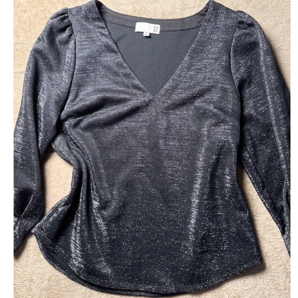 Ro & De Womens Metallic  Puff Shoulder Blouse Grey Silver Small Glam Whimisgotb